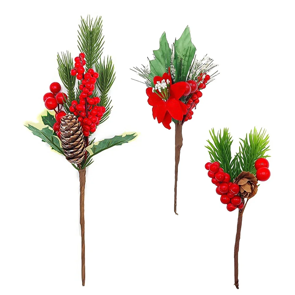 2pcs Christmas Artificial Branch Holly Berry Pinecone Pine-needles Red Flower 13-32cm DIY Xmas Tree Wedding Bouquet Vase Decor