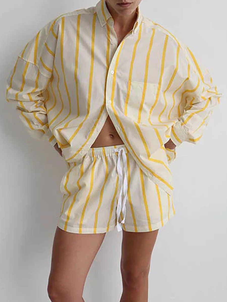 New Fashion Women Shorts Set Striped Long Sleeve Shirt With Elastic Waist Shorts Summer Fall Outfit Skin Friendly Hot Sale S M L