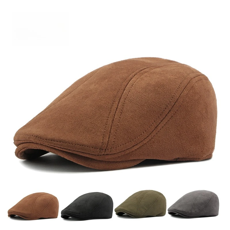 Men Faux Suede Ivy Flat Cap Solid Color Vintage Stitching Newsboy Cap Warm Gentleman Hat Autumn Winter Outdoor Driving Beret Cap
