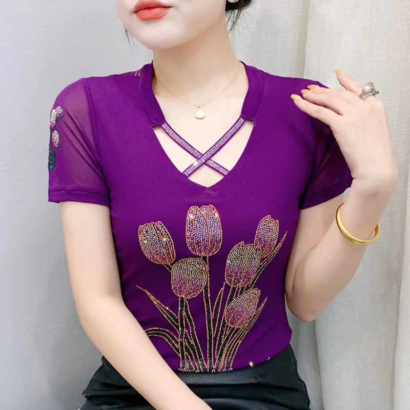 

Streetwear V Neck Flower Hot Diamonds Sexy Mesh T-shirt Femme Women's Elegant Short Sleeve Casual Basic All-Match Tees Top