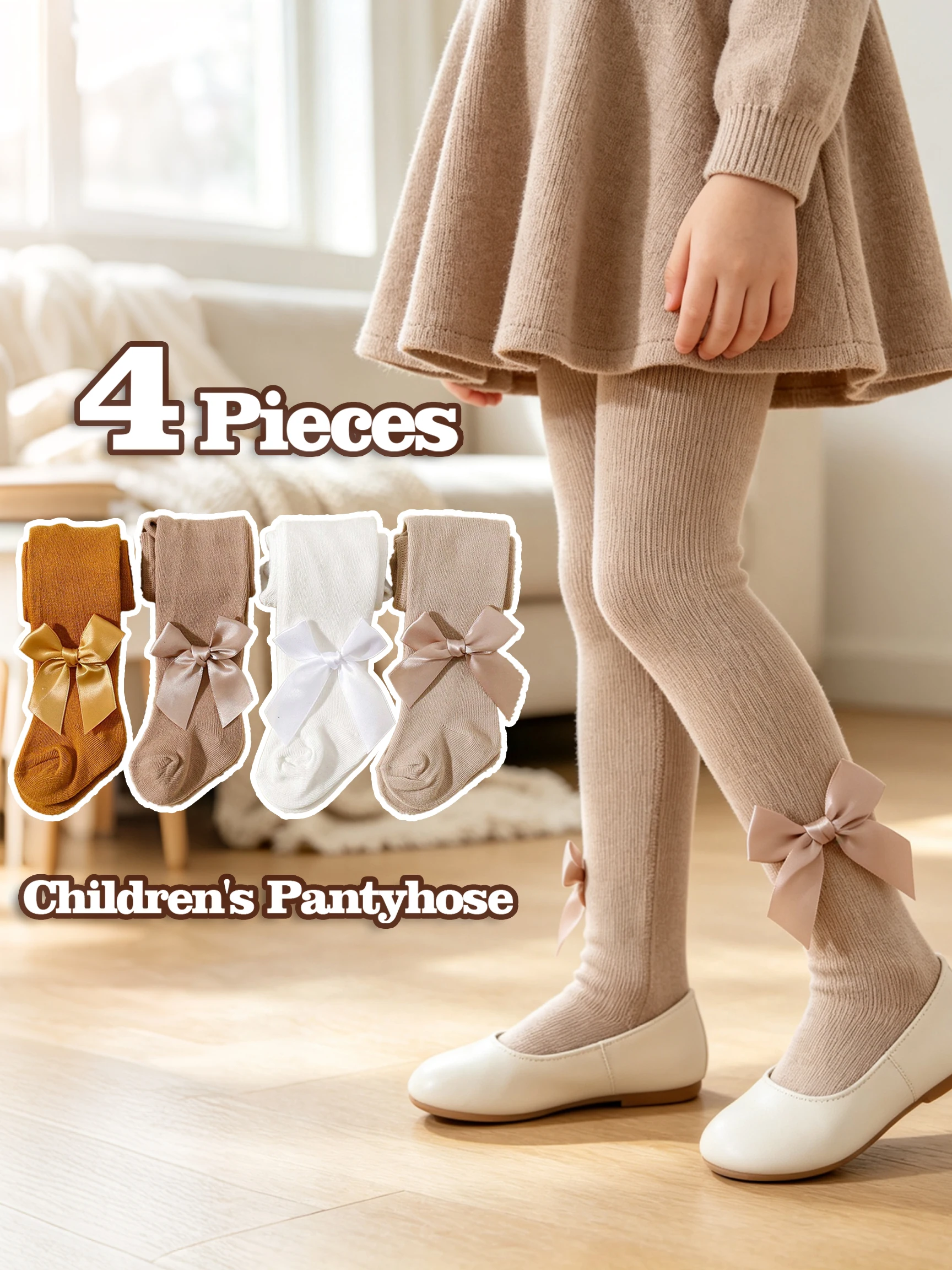 4Pcs Kids Girls Pantyhose Bow Decor Retro Khaki Slim Knit Tights Autumn Hosiery for School Birthday Weekend Outdoor Daily Wear