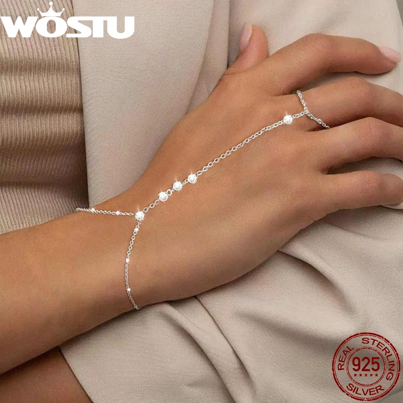 

WOSTU Real 925 Sterling Silver Shiny CZ Zircon Long Tassel Chain Link Ring Bracelets For Women Wedding bridal jewelry Gift
