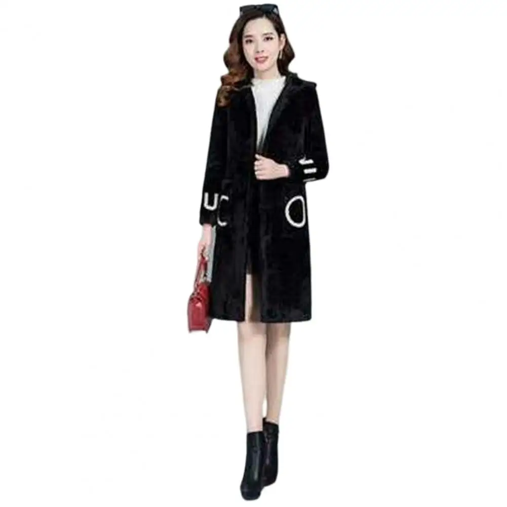 Hooded Long Sleeve Pockets Letter Print Single Breasted Plush Coat Winter Women Thickened Imitation Lambswool Overcoat abaya