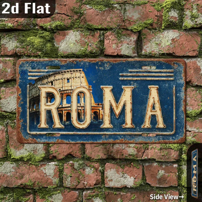 مسطح ثنائي الأبعاد، قطعة واحدة من لوحة ترخيص معدنية من روما الإيطالية العتيقة - ديكور كولوسيوم روما القديم مع الطباعة المتعثرة #6
