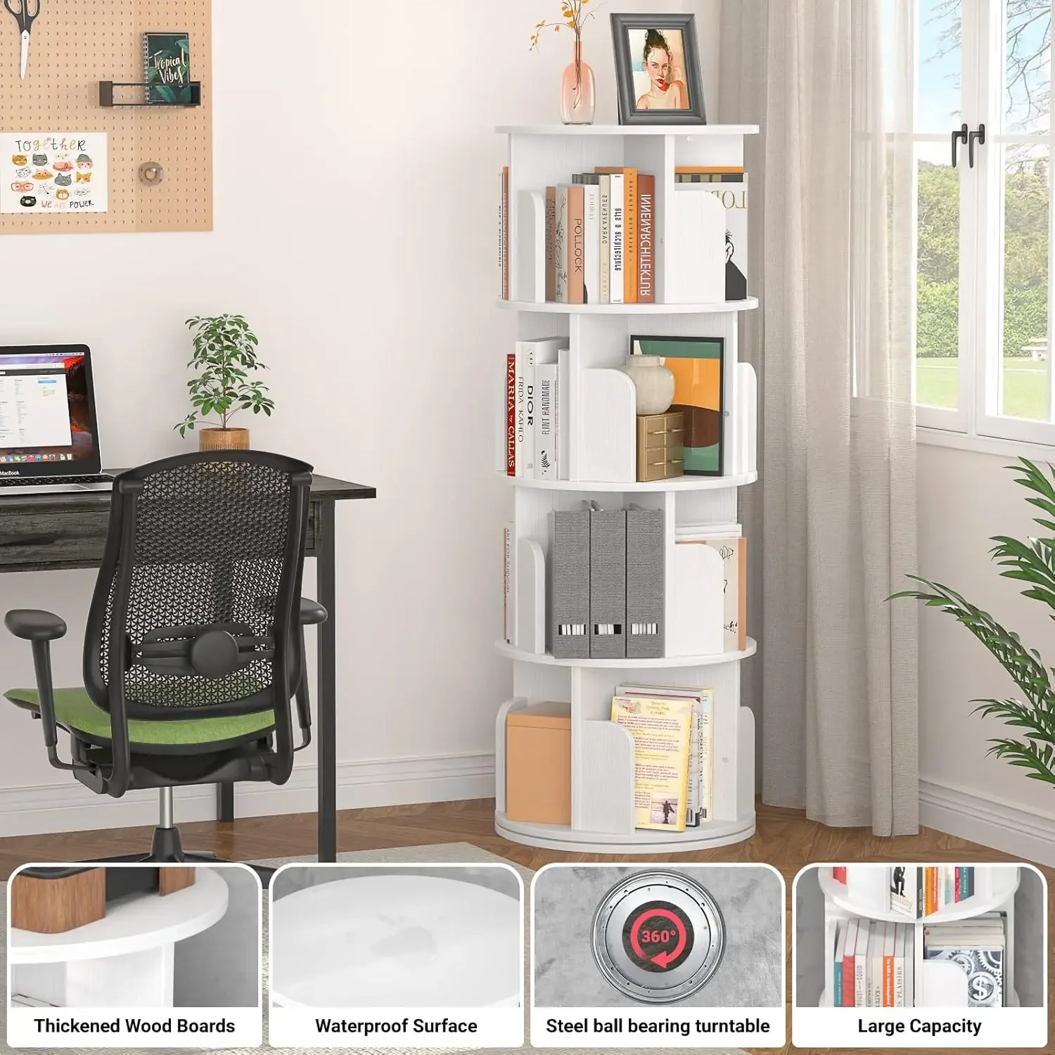 Rotating Bookshelf, Small Corner Bookshelf for Small Space, 360 Display 4 Tier Floor Standing Bookcase Storage Rack, Wood Narrow