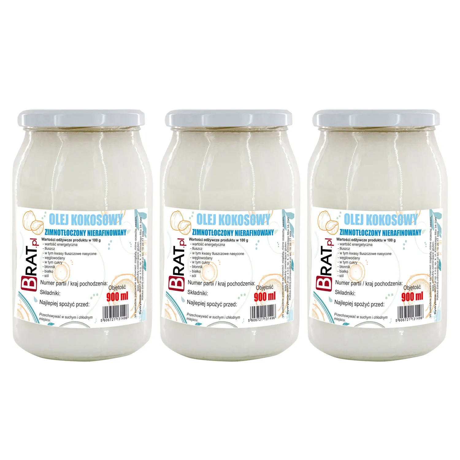 Olej kokosowy nierafinowany zestaw 3 x 900ml