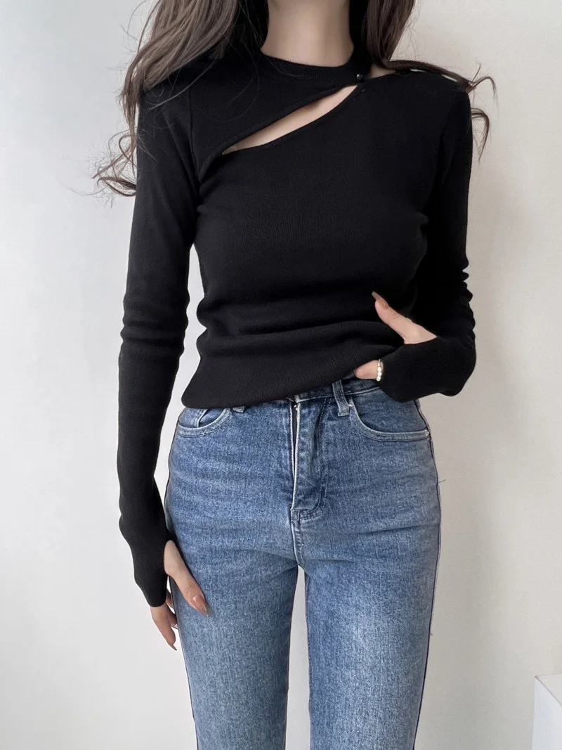 

Black Hollowed-out Knit Women Autumn Design Sense Tight-fitting T Shirt French Slim Long-sleeved Bottom Top Tees C912