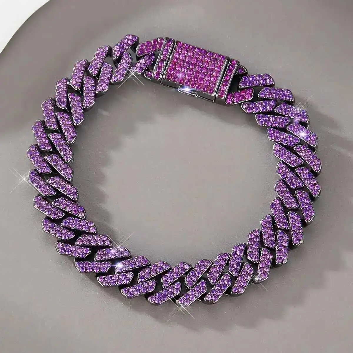 12mm Miami Cuban Link Chain Two Row Purple Hip Hop Prong Necklace for Men Women