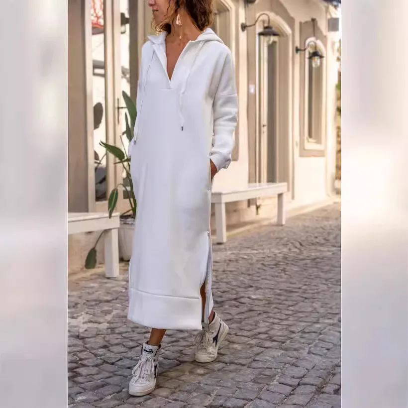 2025 Women Hoodies Dresses Long Sleeve Hooded Knitted Sweatshirts Dress Solid High Street Loose Vestidos Draw String Autumn