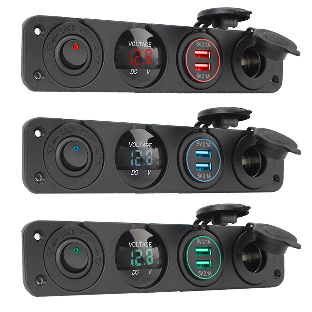 Auto-Schalter Zigarettenanzünder Dual-USB-Ladegerät 12V Stromanschluss mit Wippschalter Staubdicht Wasserdicht Digitales Voltmeter 4-in-1