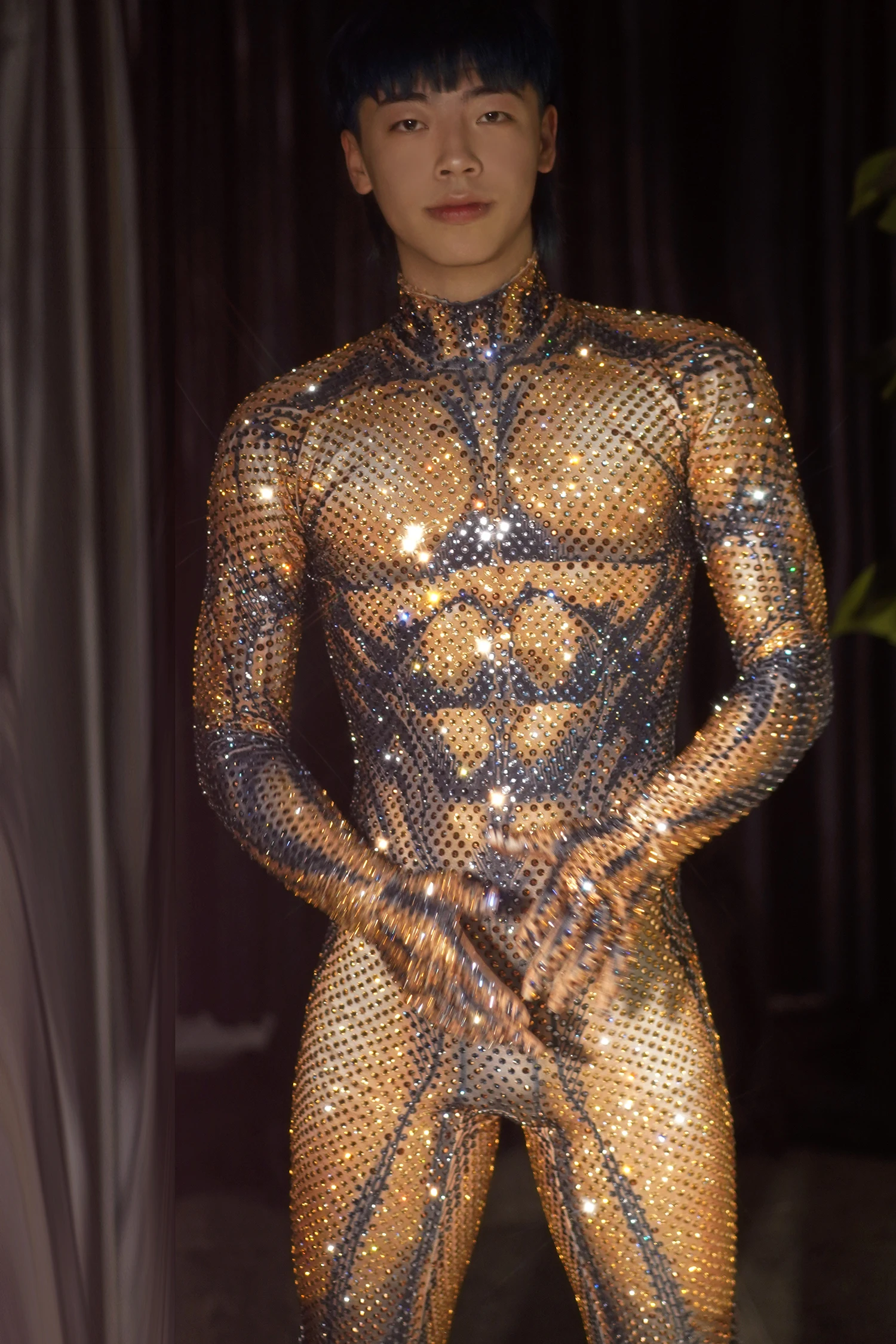 Male Full Rhinestones Jumpsuit Shiny Pole Dance Clothing Muscle Bodysuit Birthday Party Rave Outfit Gogo Dance Costume VDB7513