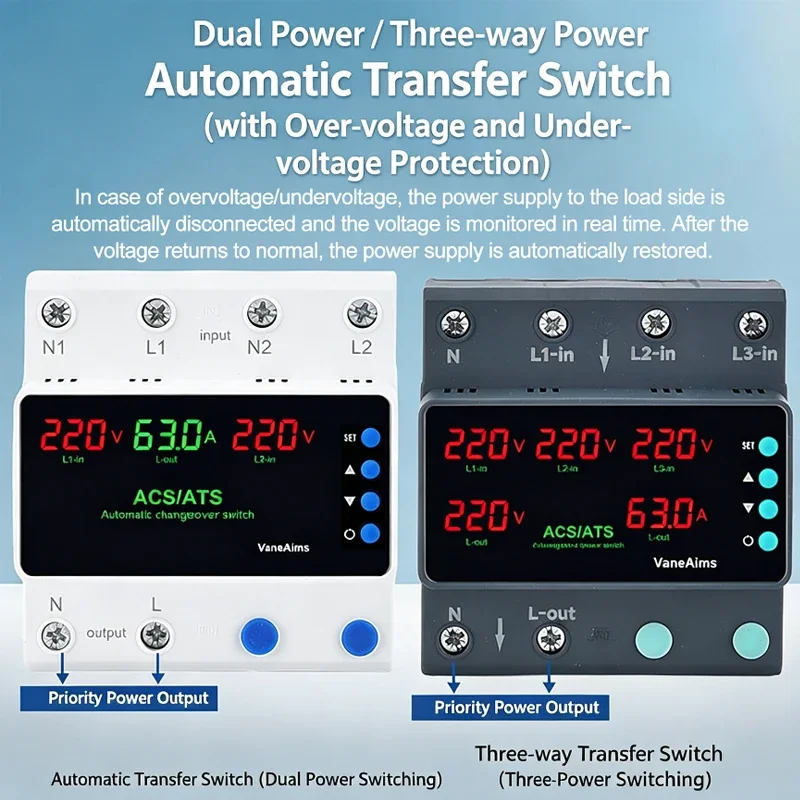 Digital Adjustable ATS 63A 100A 220V Automatic Transfer Switch Over Under Voltage Current Protector DIN Rail Mount Relay
