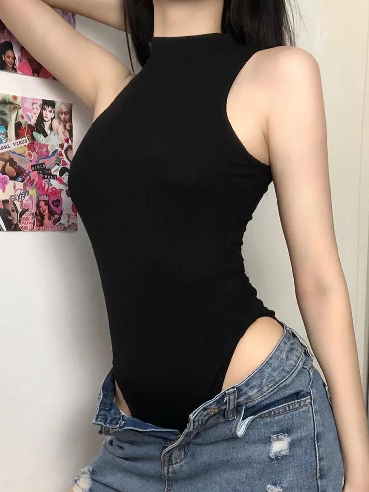 Rapcopter Black Knitted Bodycon O Neck Sleeveless Basic Slim Bodysuits Women Korean Harajuku Summer Streetwear Casual Rompers