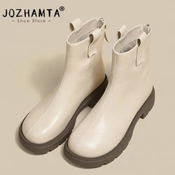 JOZHAMTA Women Chelsea Boots Real Leather Back Zipper Stitched Western Boots Round Toe Platfom Flat Heels Short Boots Size 35-40