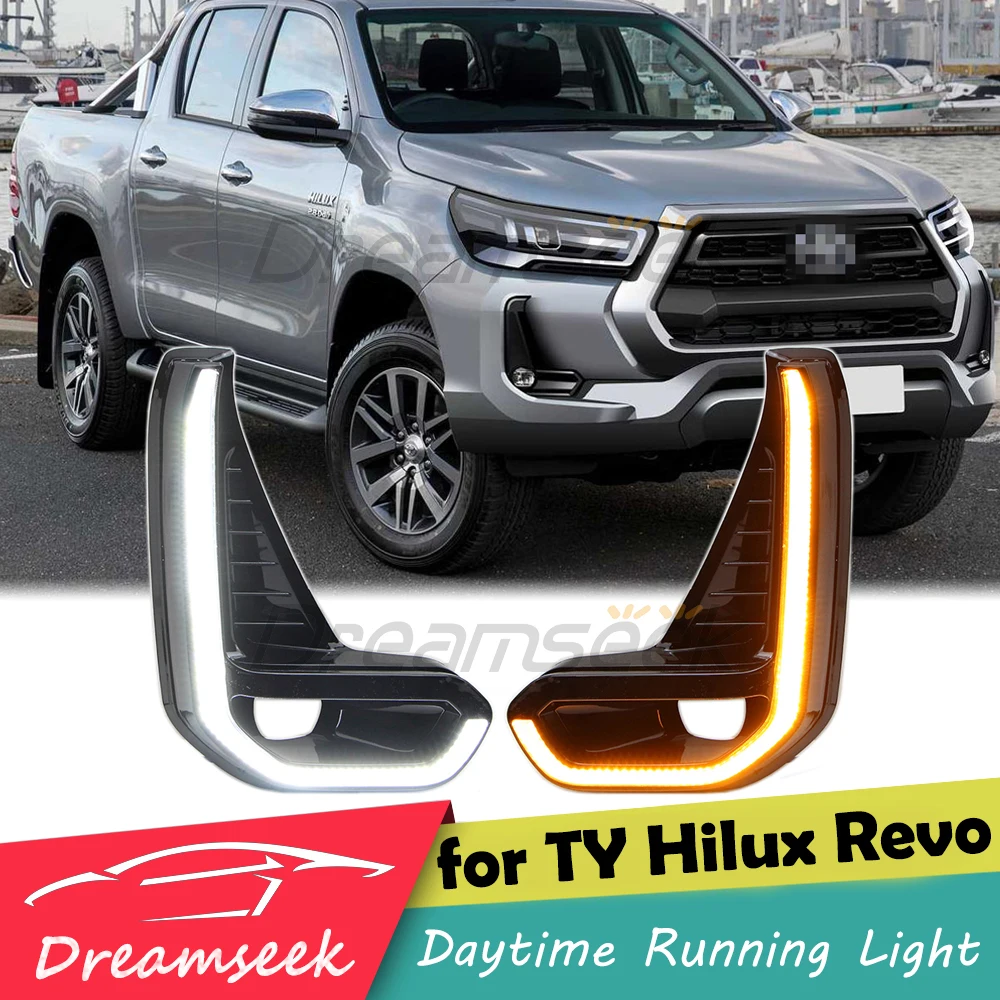 

LED DRL Daytime Running Driving Light For Toyota Hilux Revo 2020 2021 2022 23 Black Fog Head Lamp Cover With Yellow Turn Signal