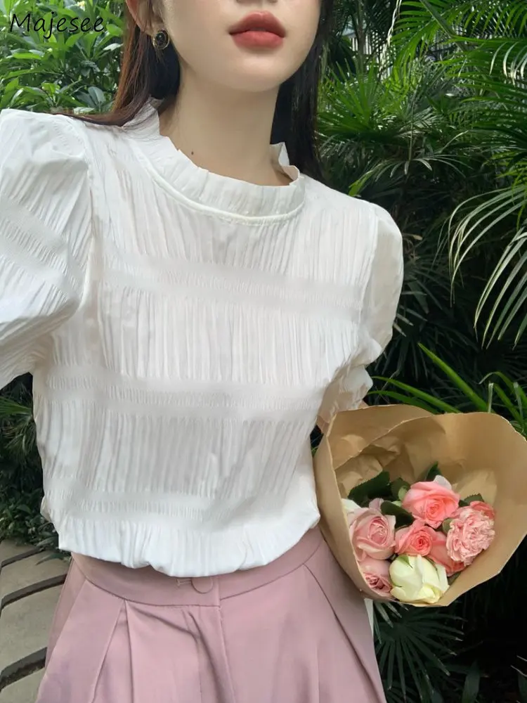 Blusa feminina sólida simples dobras puff manga verão doce meninas adorável all-match elegante lazer chique estilo coreano venda quente ins