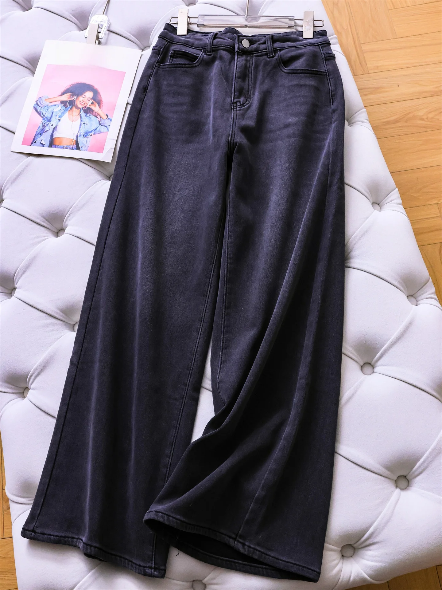 

High Waist Flared Jeans Women's Thickened Fleece High Waist Slimming Jeans Casual Style Winter Warm Cotton Blend Fabric
