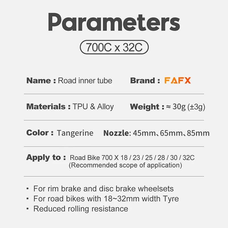 FAFX Ultralight Bicycle Inner Tube 700x 18 25 28 32C Road Bike TPU Material 45mm 65mm 85mm Valve Length French MTB Bike