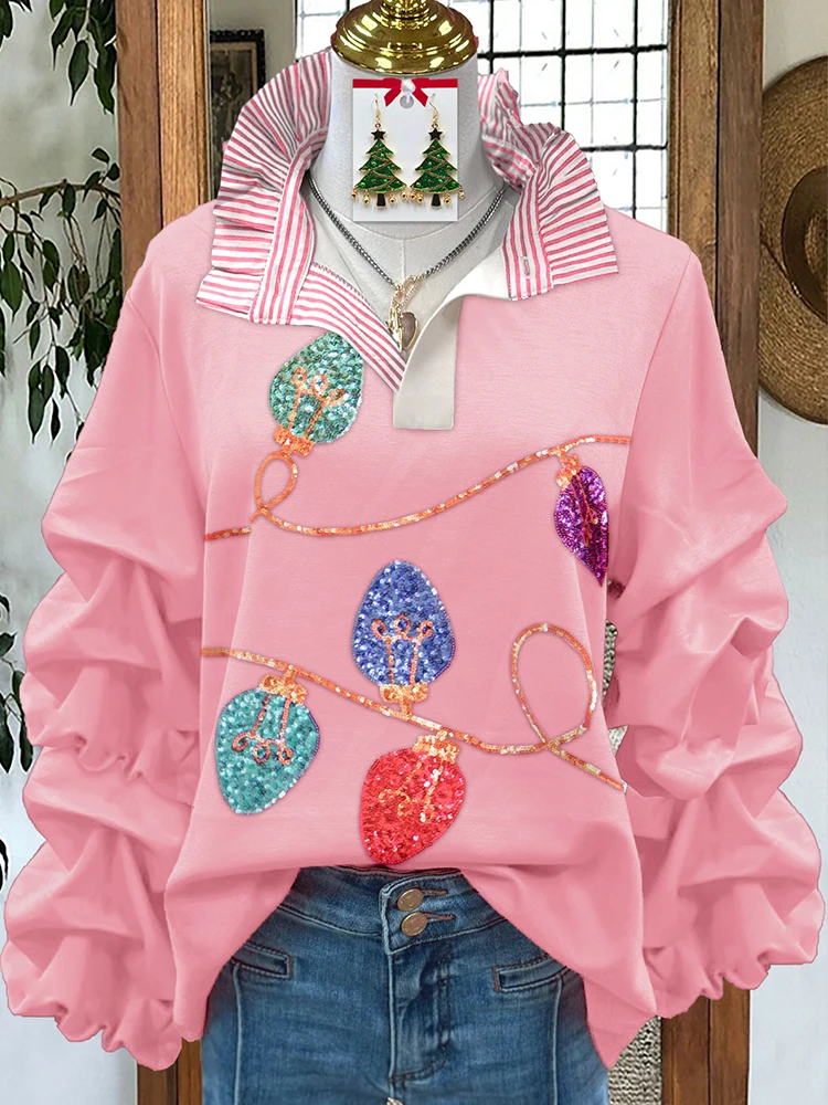 Sweet Christmas Light  Stand Collar Pleated Sweatshirts It's Not  Sequin