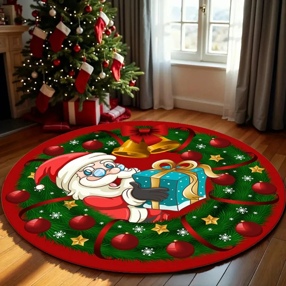 Festlicher runder Weihnachtsteppich mit Weihnachtsmann- und Rudolph-Design, Bodenmatte mit Feiertagsmotiv für Wohnzimmer, Sofa, Bereich, Zuhause, Teppichdekoration