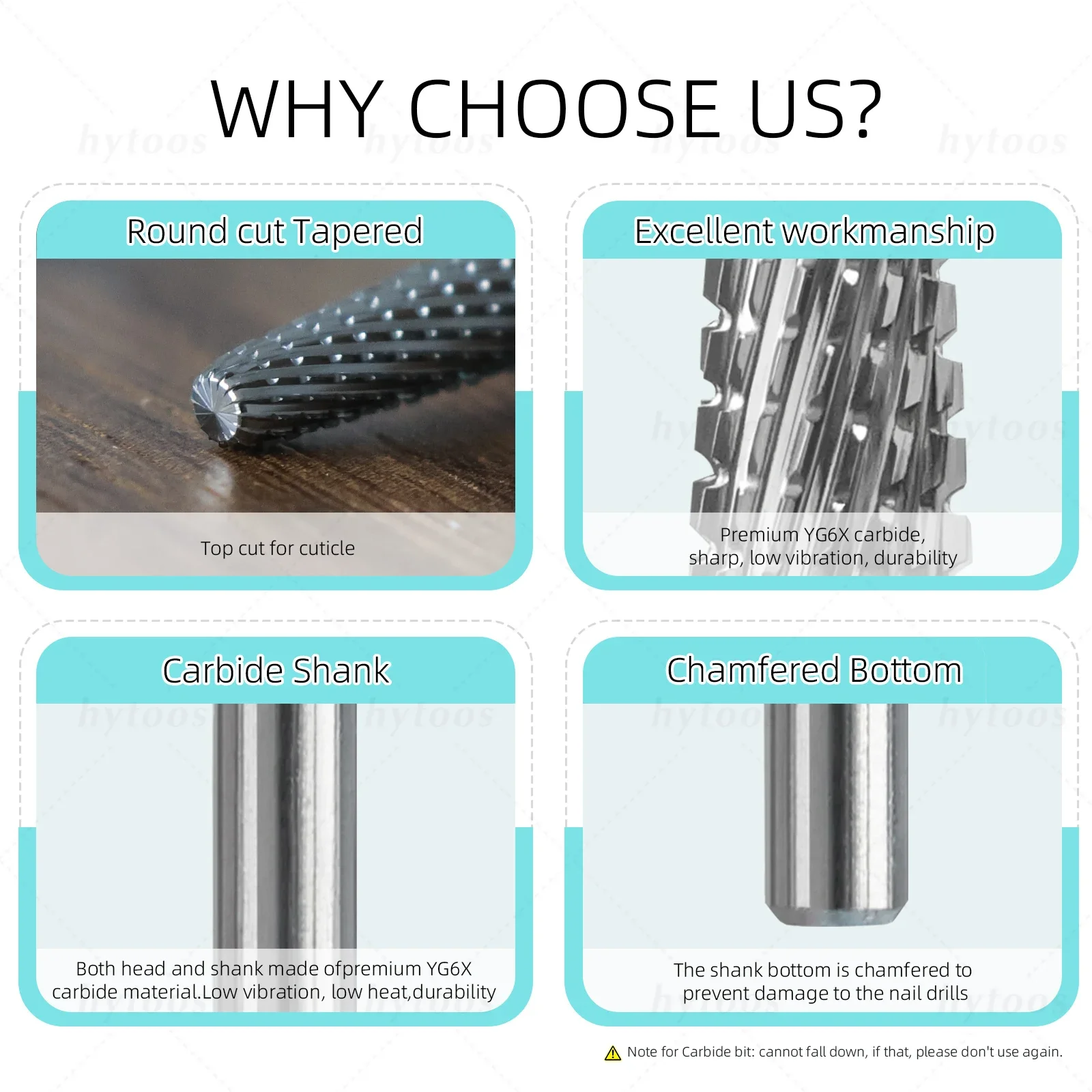 HYTOOS-brocas de carburo de seguridad para uñas, corte redondo, cutícula cónica, limpieza de uñas, eliminación de Gel, herramienta de taladros eléctricos para manicura profesional