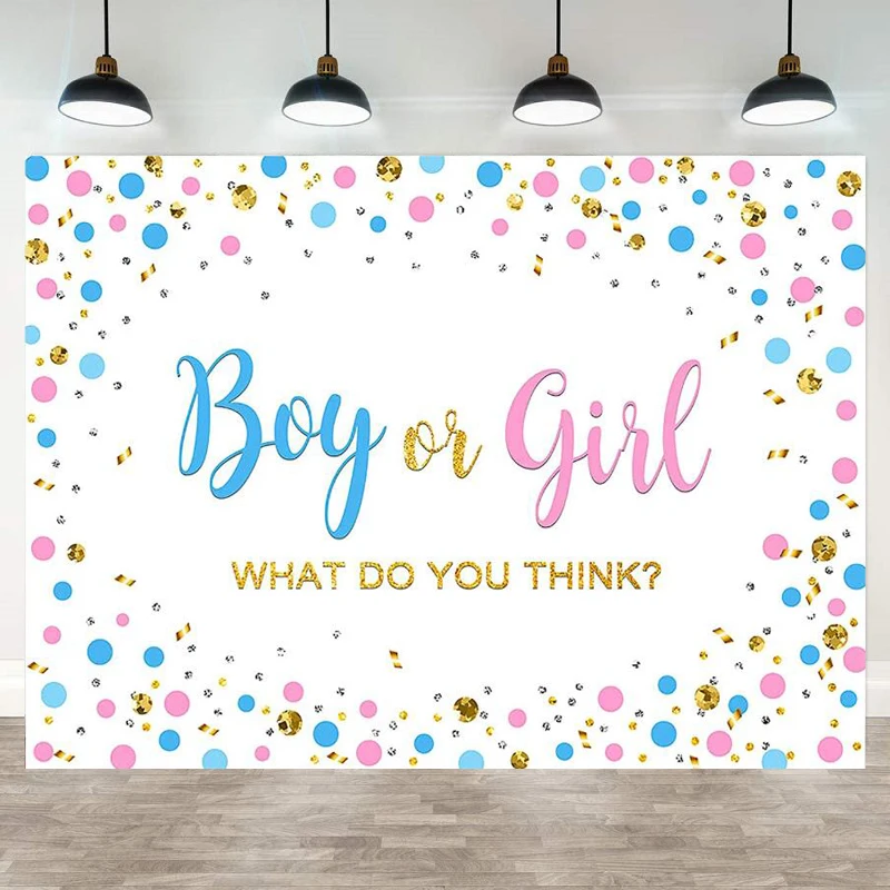 Gender Reveal Photography Backdrop Blue Pink Gold Dots Boy Or Girl Baby Reveal Party Background Blue Or Pink Confetti Banner