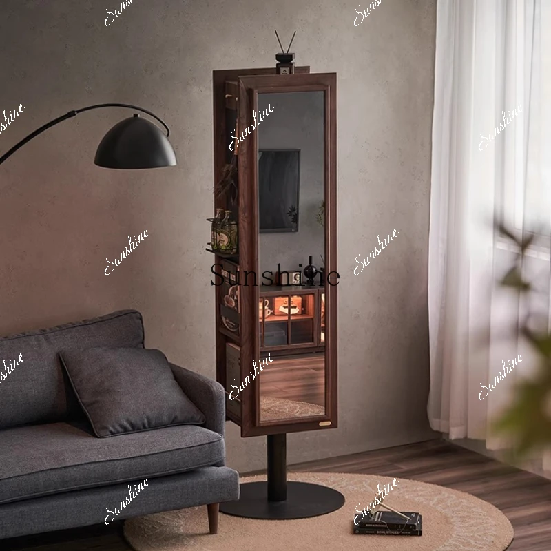 Solid wood rotating bedroom home full body mirror black walnut magazine rack  FT