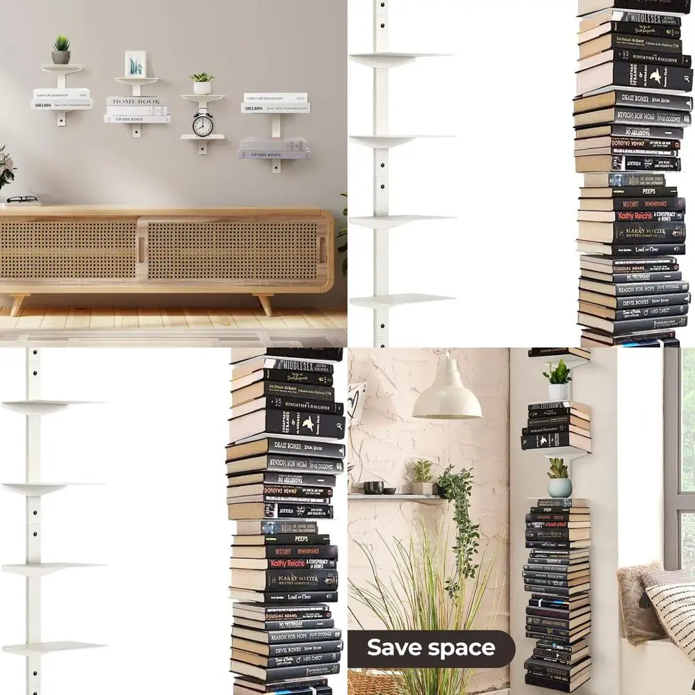 

8-Tier Wall-Mounted Floating Shelves, Space-Saving Vertical Book Organizer, Heavy Duty Metal, 4-Pack White for Home Office