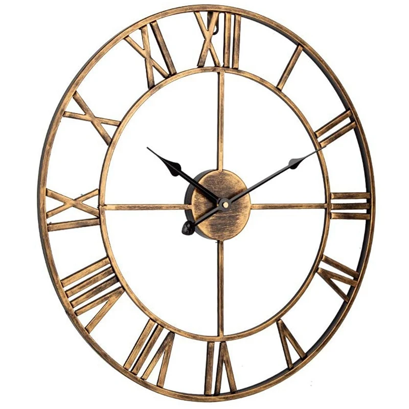 Wall Clock,Retro Analog Golden Metal Clock Ancient Roman Numeral Style Silent Quartz Movement Wall Clock For Home Decor