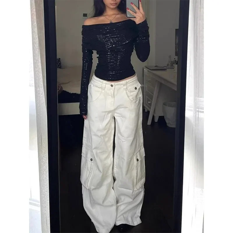 Design Sense Niche White Denim Cargo Pants Women Lazy Style Spring Autumn New American Loose Wide Leg Long Pants