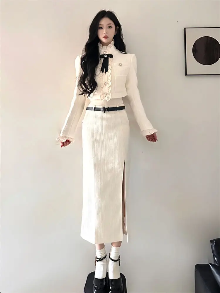 Chic Style Short Jacket and High-Waisted Split Pencil Skirt Two-Piece Set for Fall/Winter: Luxurious Women\'s Outfit High Quality