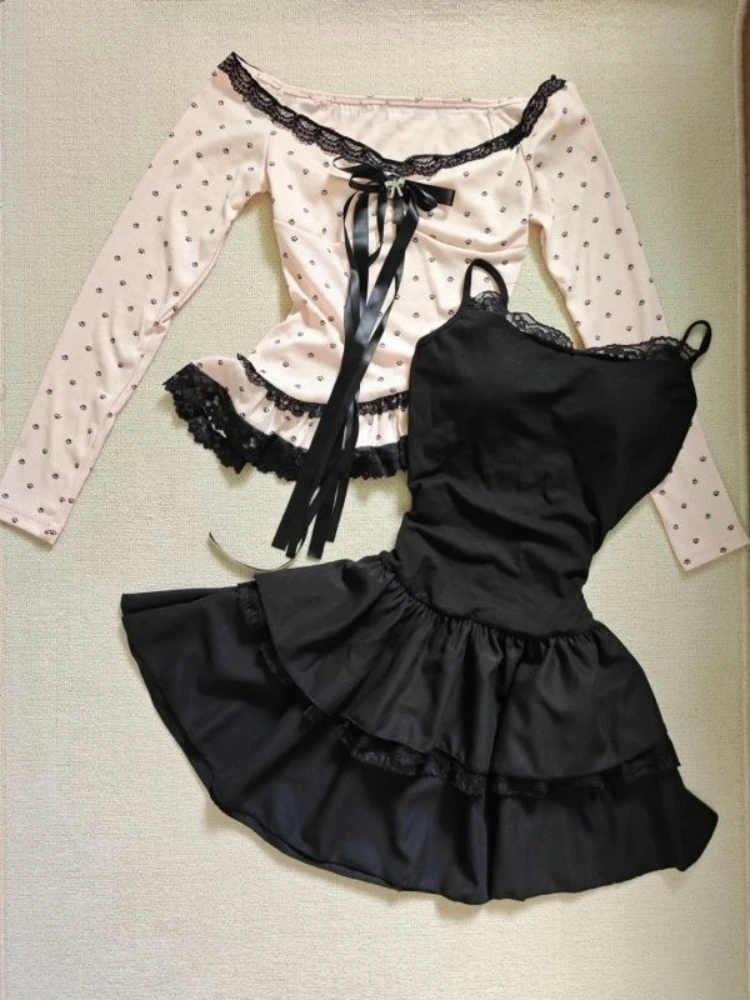 Japanese Style Sweet High Street Y2K Suit Women's Bowknot Polka Dot Tops + Skinny Black Dress New Chic Party Lovely Outfits 2026