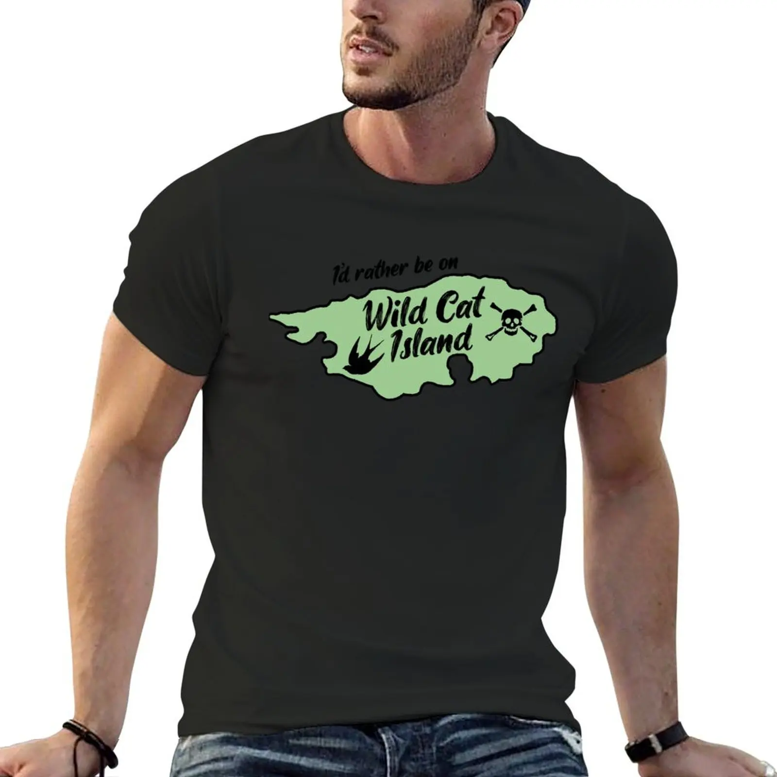 

I'd Rather Be on Wild Cat Island - Green T-Shirt custom shirt vintage anime shirt cotton man t-shirts mens t shirt graphic