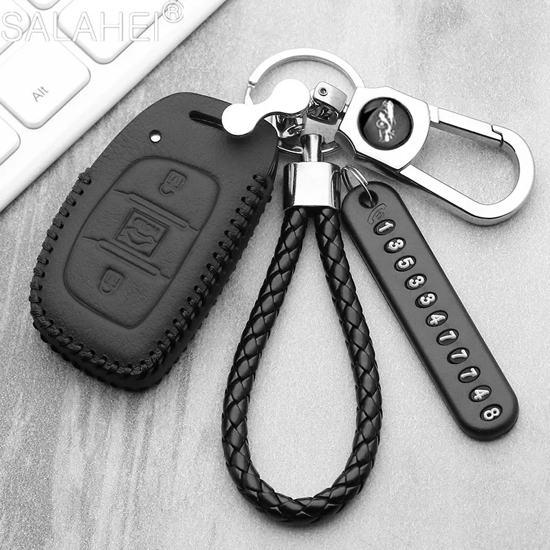 Leather Car Key Case For Hyundai IX30 IX35 IX20 Tucson Elantra Verna Sonata Smart Remote Cover Keychain Protect Bag Accessories