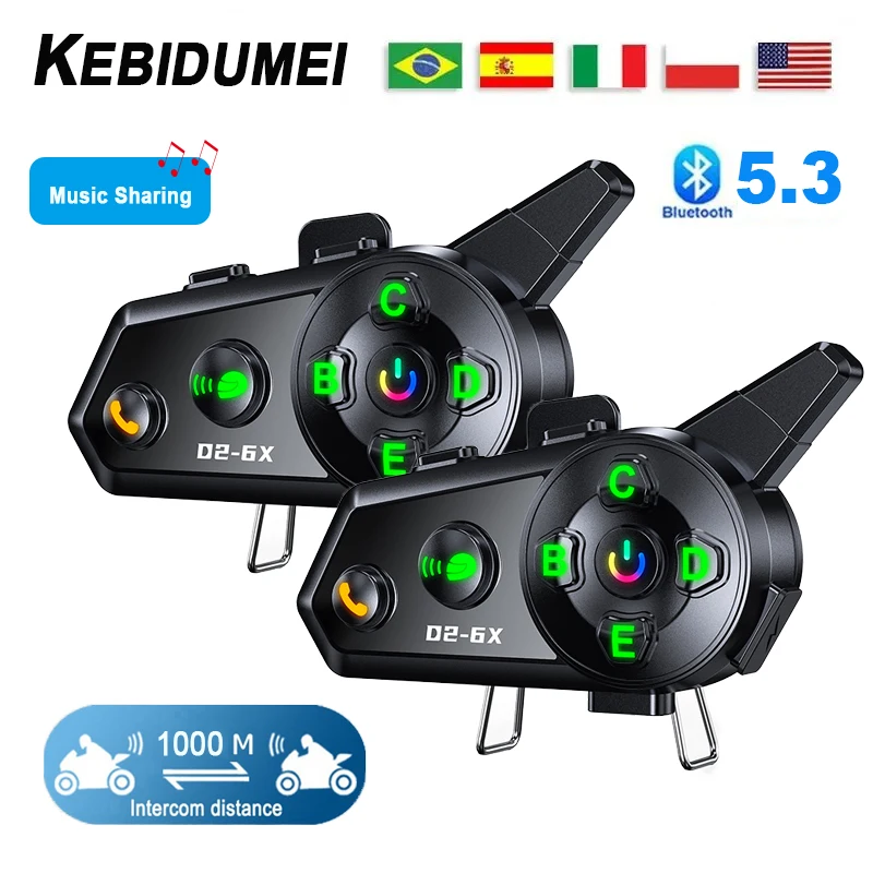 Kebidumei Motorcycle Helmet Bluetooth Intercom 1000M Distance Interphone Waterproof for 6 Riders Multi-Scene Mixing Music Share