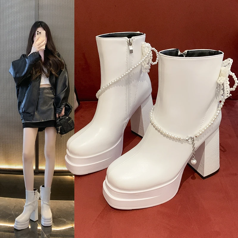 

2025 New Women's Chunky High Heel Platform Pearl Buckle Fashion Plus Size Ankle Boots High Heels Boots Женские Ботинки