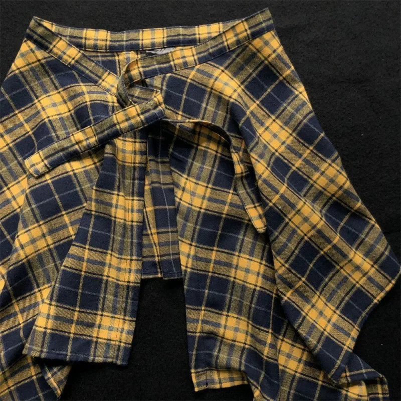 

Colorful Yellow Plaid Butt Curtain One Piece Belted Women's Men's Universal Asymmetrical Skirt Half-length Aesthetic Tool