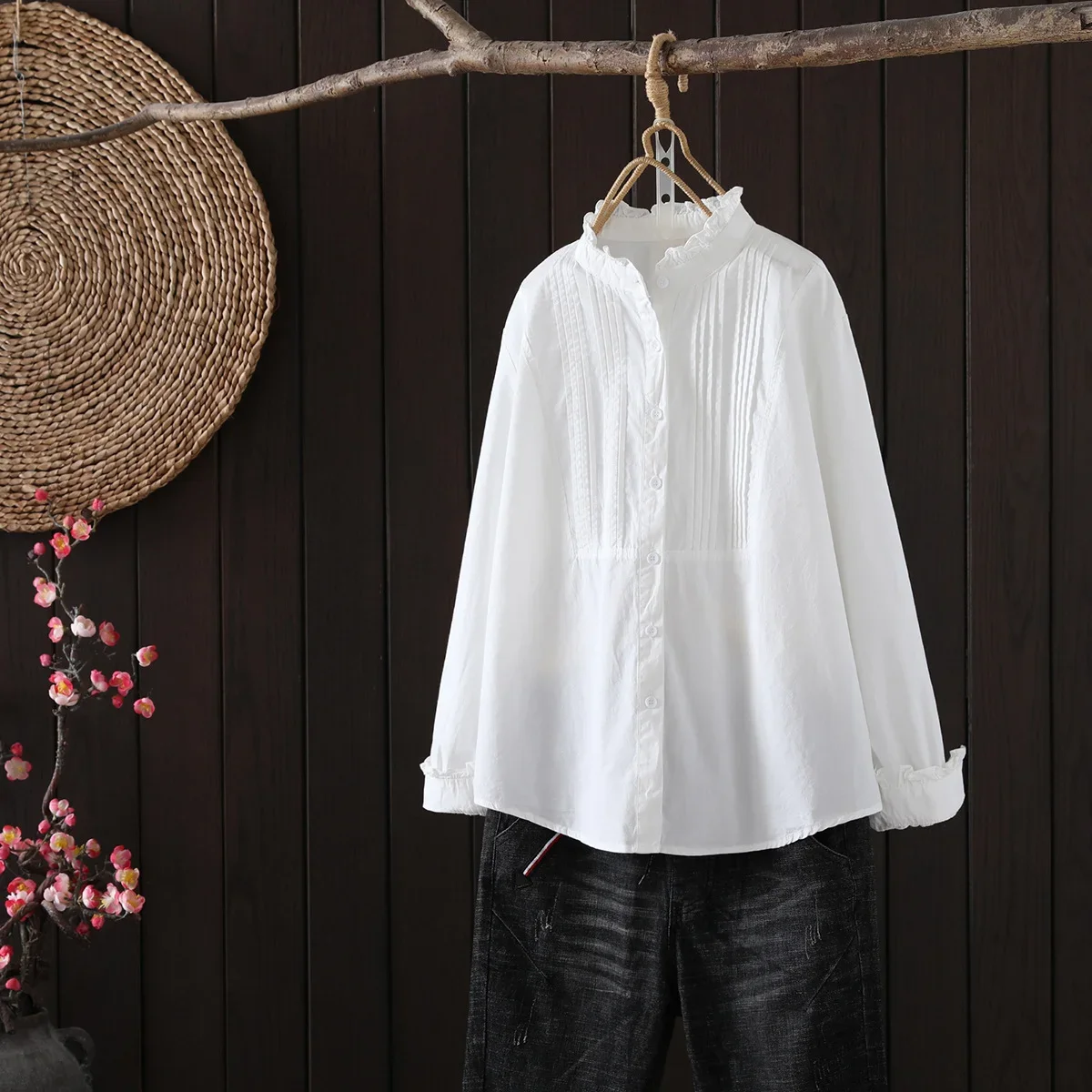 

Stand Collar Blouse Women Long Sleeve Cotton Pleated Blouse Shirt Women Tops Women Blouses Shirts ZT208