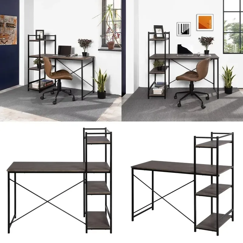 Modern Minimalist 120cm Computer Desk with Storage Rack Metal Wood Study Writing Table for Home Office