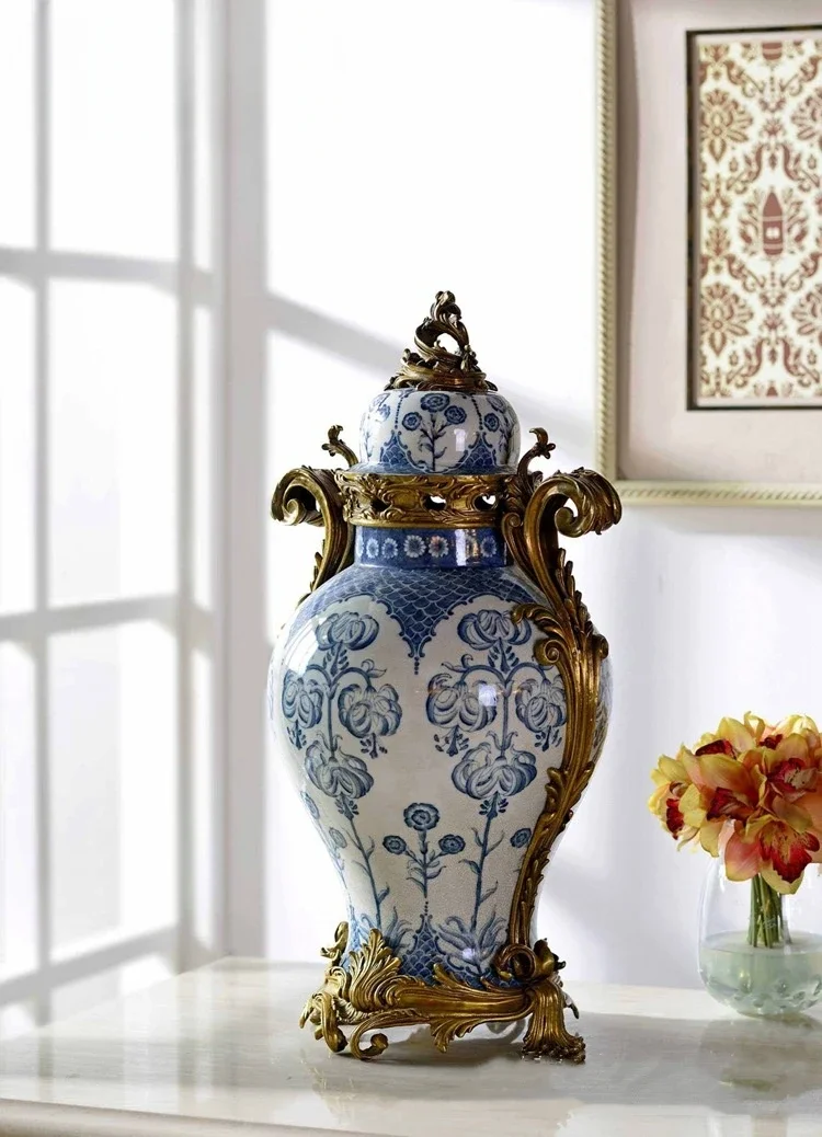 Hot sales high-end brass ceramic ginger jar home decoration