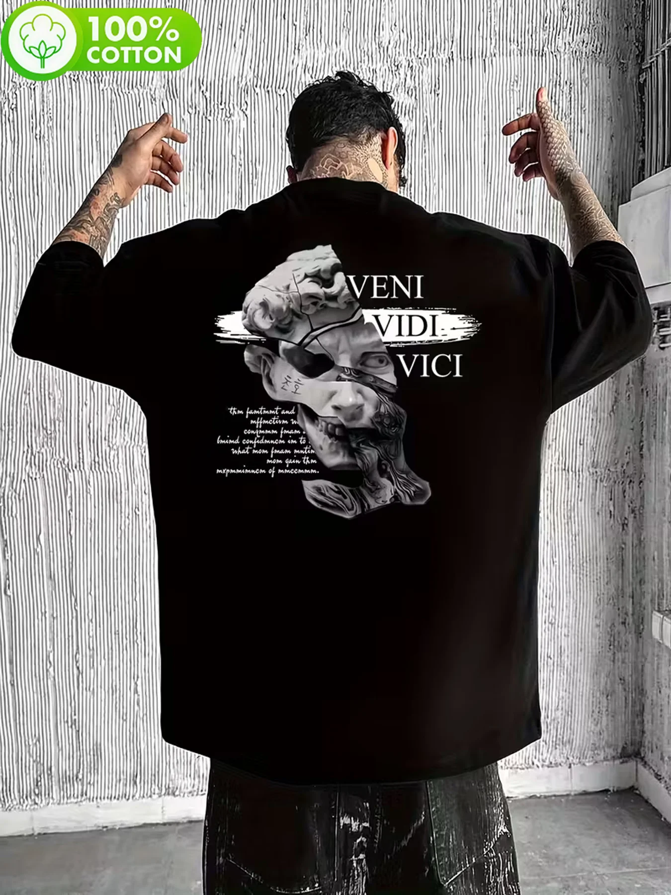 Unisex Y2K Streetwear Vintage Gothic Oversized Veni Vidi Vici Statue Graphic T‑Shirts, Cotton Fabric Casual Short Sleeve Tees