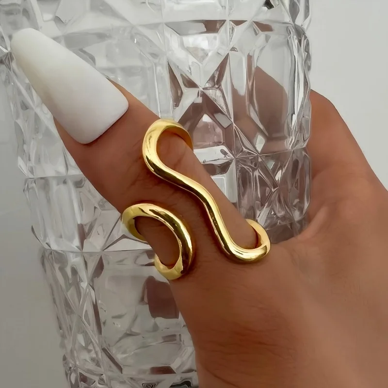 Huitan Goldfarbener Wellenförmiger Verstellbarer Ring für Frauen, Unregelmäßiger Geometrischer Stapelring, Minimalistischer Trendiger Party-Metallschmuck