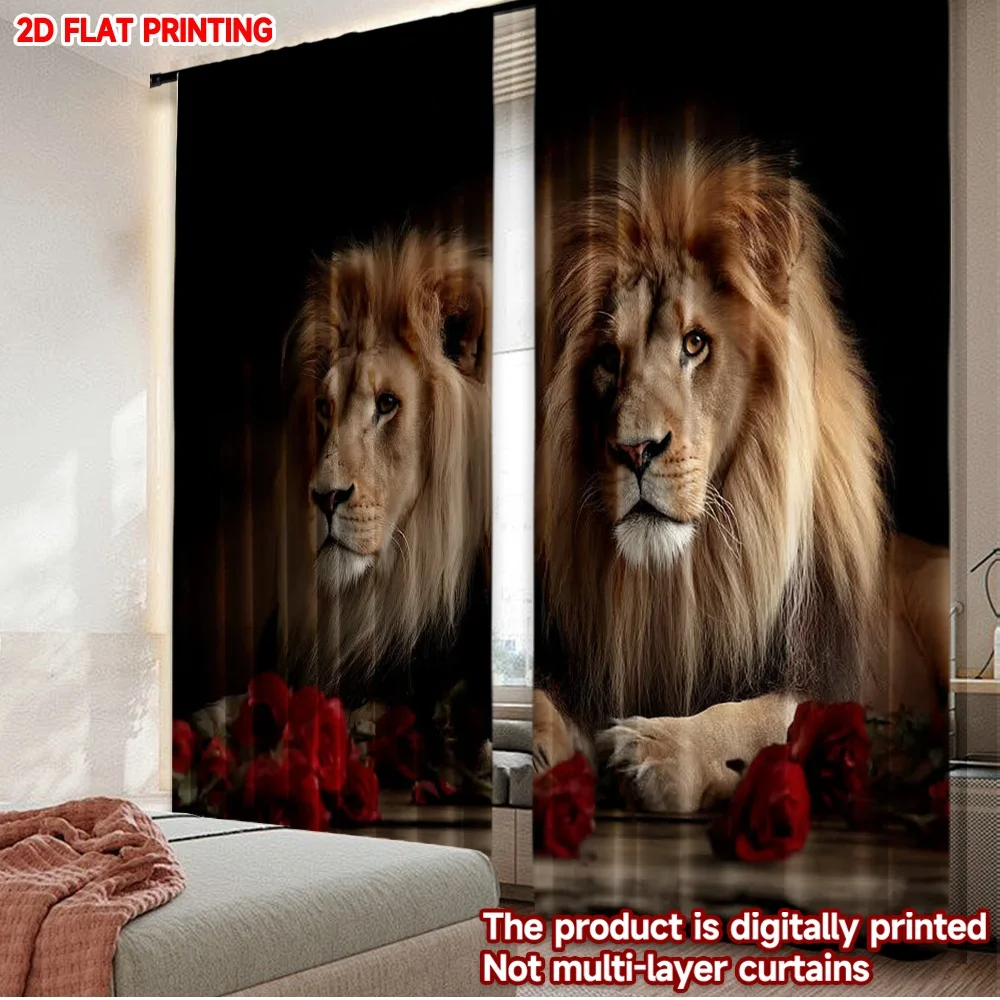 2pcs Lion with Red Roses Curtains Digital Printing, Majestic Animal Portrait on Dark Background for Bedroom Living Room Decor
