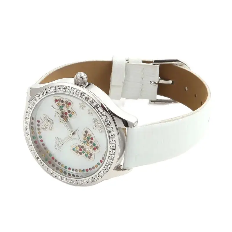 Princess Butterfly Colorful Women's Quartz Watch Crystal Butterfly Flower Mother of Pearl Dial Ladies Watch Leather Strap