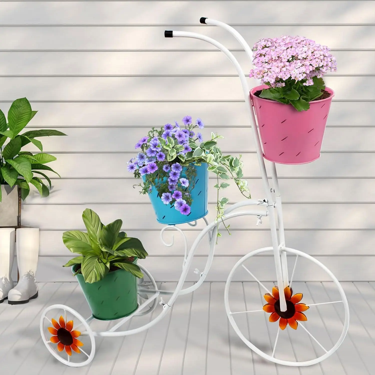 Tricycle Planter Stand with 3 Plant Bucket, White Metal Tricycle Planter, 3 Tier Floral Flower Plant Stand Holder Hand Painted O