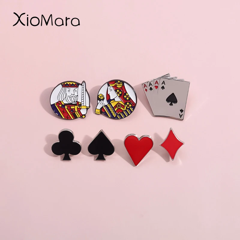 Poker King Queen Spade Heart Club Enamel Pins Red Square Plum Blossom Playing Card Brooches Lapel Badges Jewelry Gift