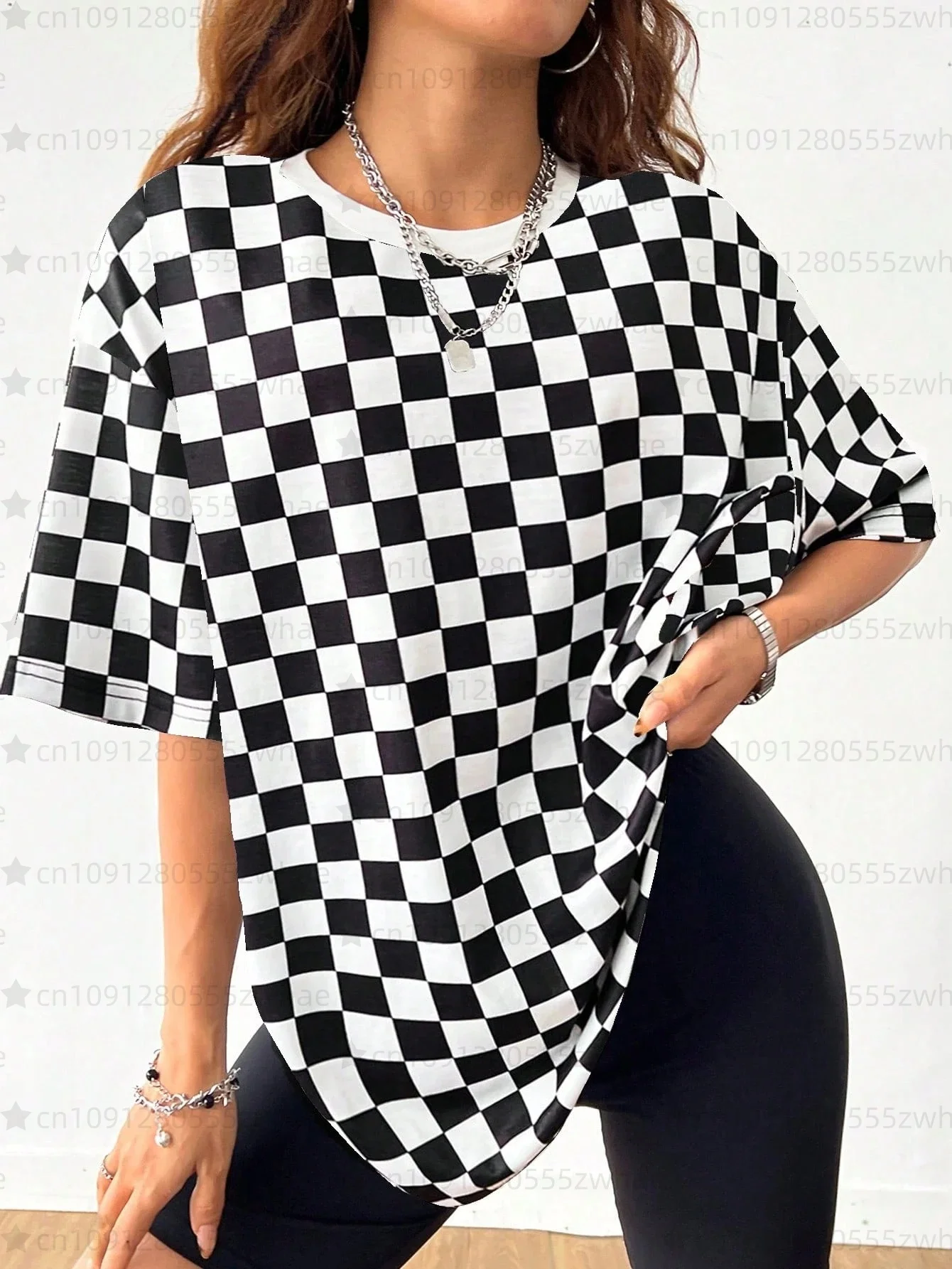 New Summer Women's Casual Minimalist Black and White Checkered Full Print Round Neck Loose Short Sleeved T-shirt For Women