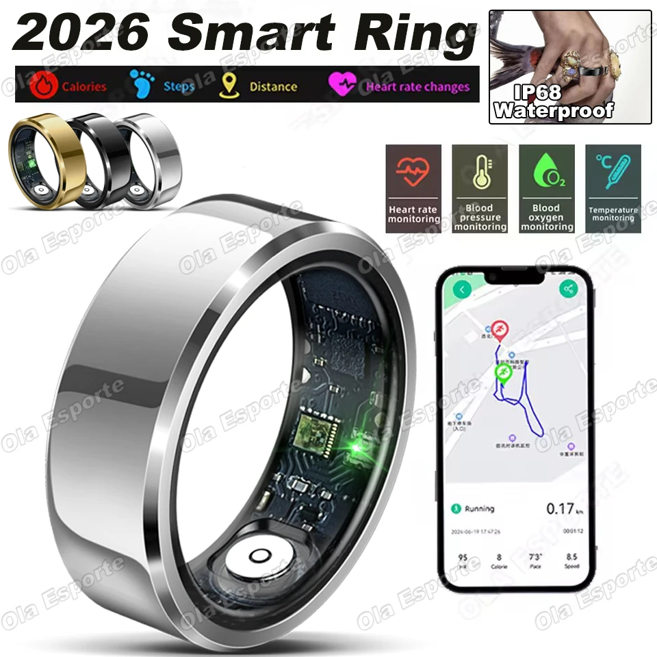 

2026 Smart Ring 5ATM+IP68 Waterproof Heart Rate Blood Pressure/Oxygen Health Monitoring Multi-sport Mode GPS Motion Smartring