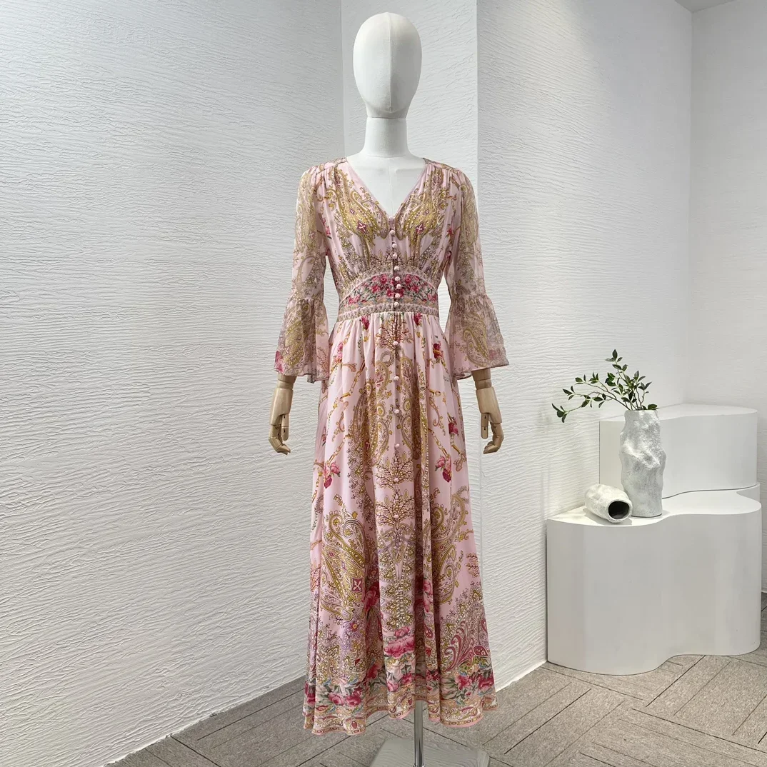 

2024 Vintage Floral Silk V-Neck Women Clothing Pink Green Long Spring Summer New Stretchable Waist Skin-friendly Midi Dress