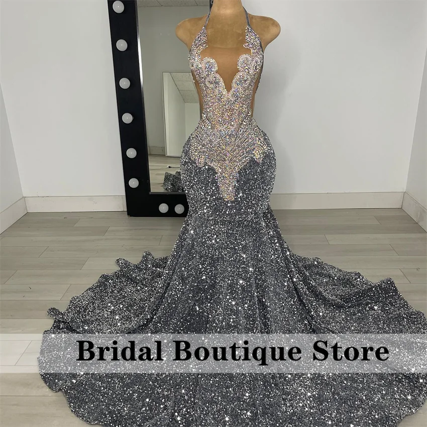 

New Arrival 2026 Sparkly Silver Diamonds Mermaid Prom Dress Halter Rhinestones Wedding Party Birthday Evening Gown Customized